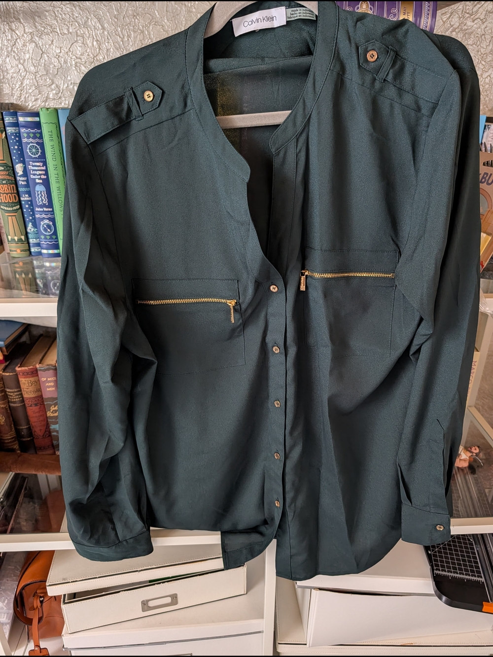 Calvin Klein Men's Deep Green Utility Shirt Jacket with Gold Zippers